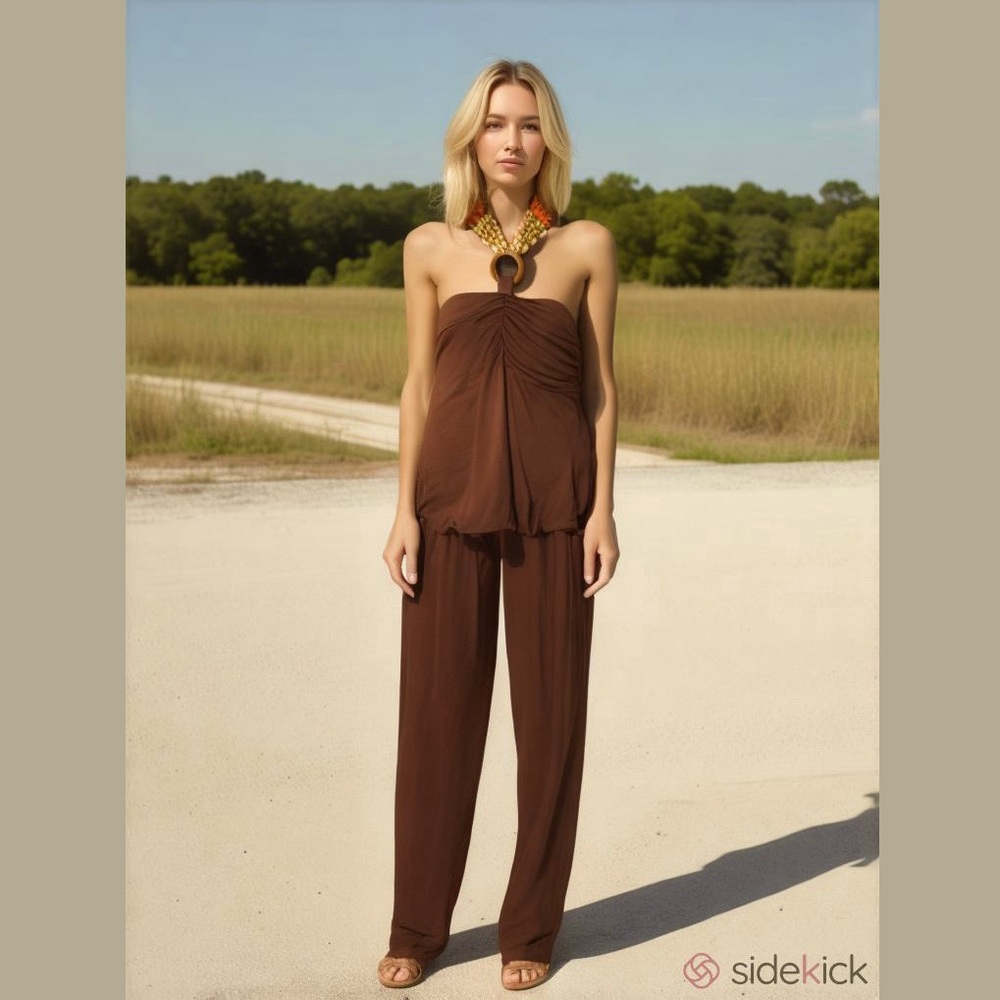 Candies Urban Fairytale Brown Women's Jumpsuit with Wooden Bead Halter Large